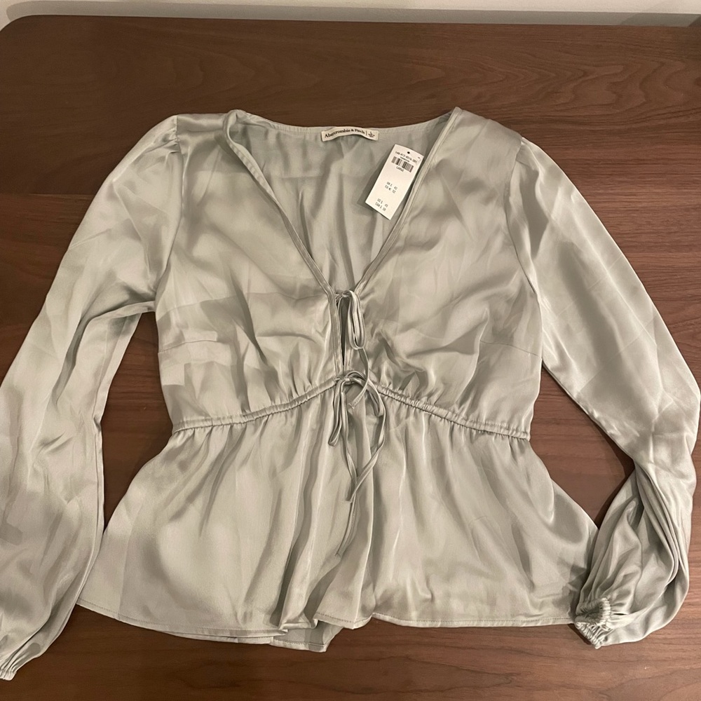 Abercrombie Satin Sage Green Long Sleeve Top